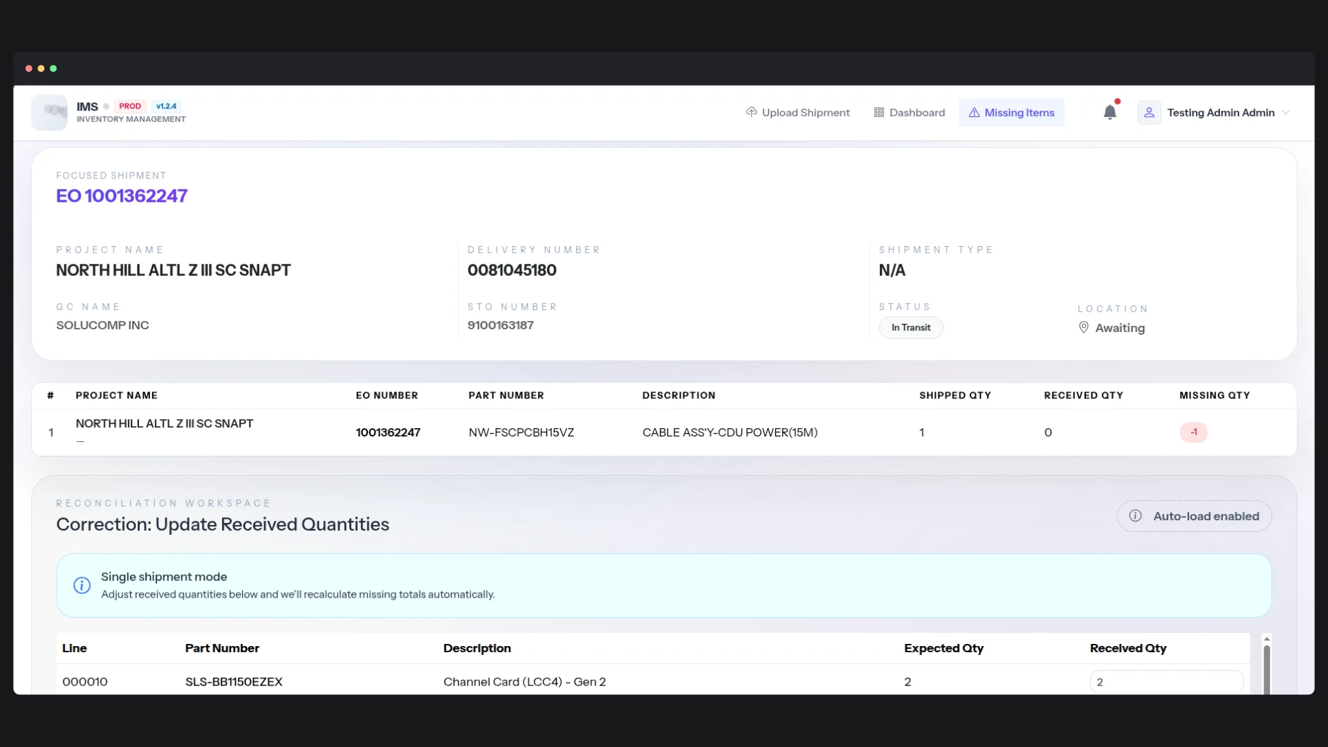 Shipment Tracker & IMS — A shipment resolves to an EO number with its routing legs, terms and the product it carries. Received quantity sits beside expected quantity and is correctable, and the correction is recorded rather than the row rewritten.